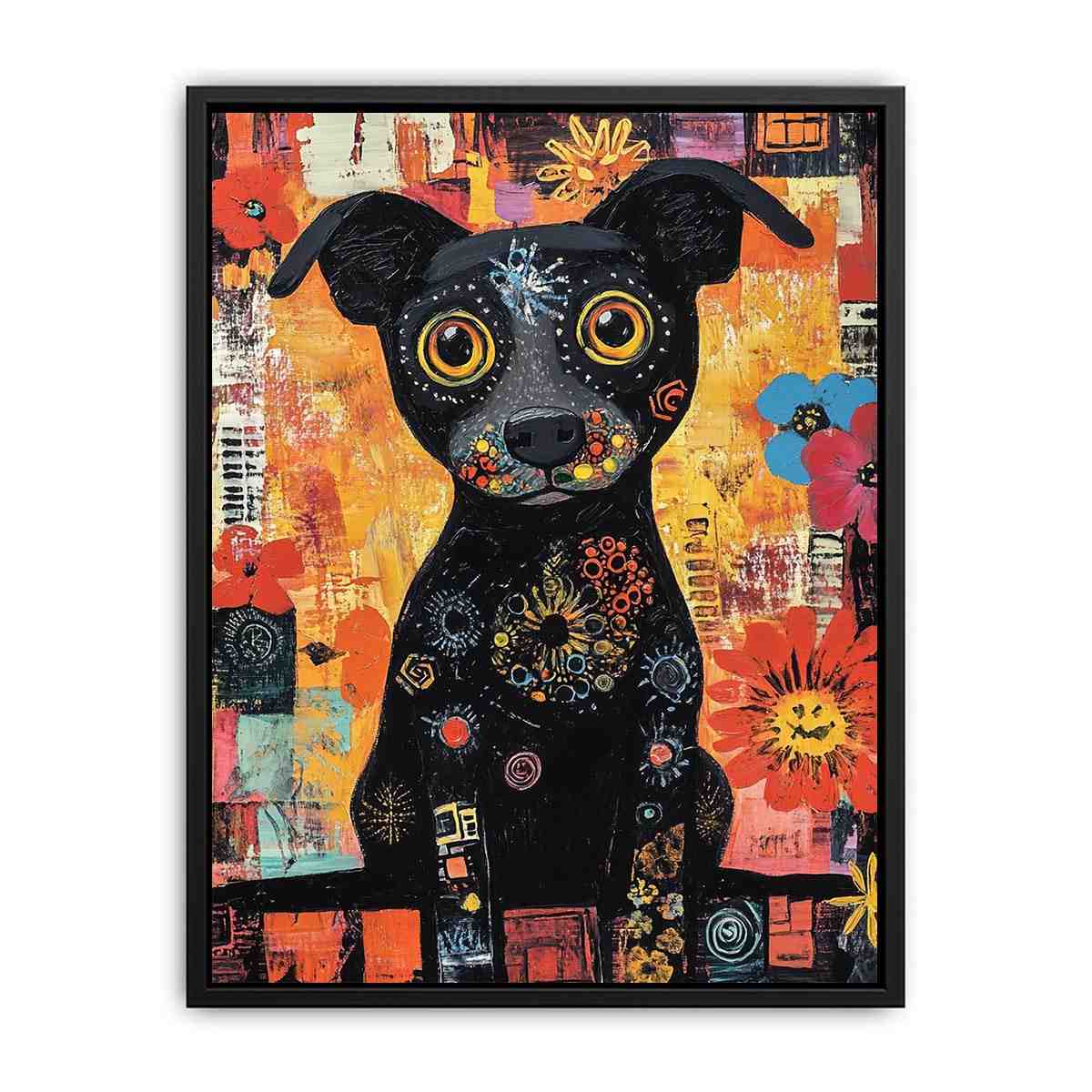 Playful black dog canvas art with colourful flowers for cheerful modern home decor.