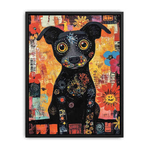 Playful black dog canvas art with colourful flowers for cheerful modern home decor.