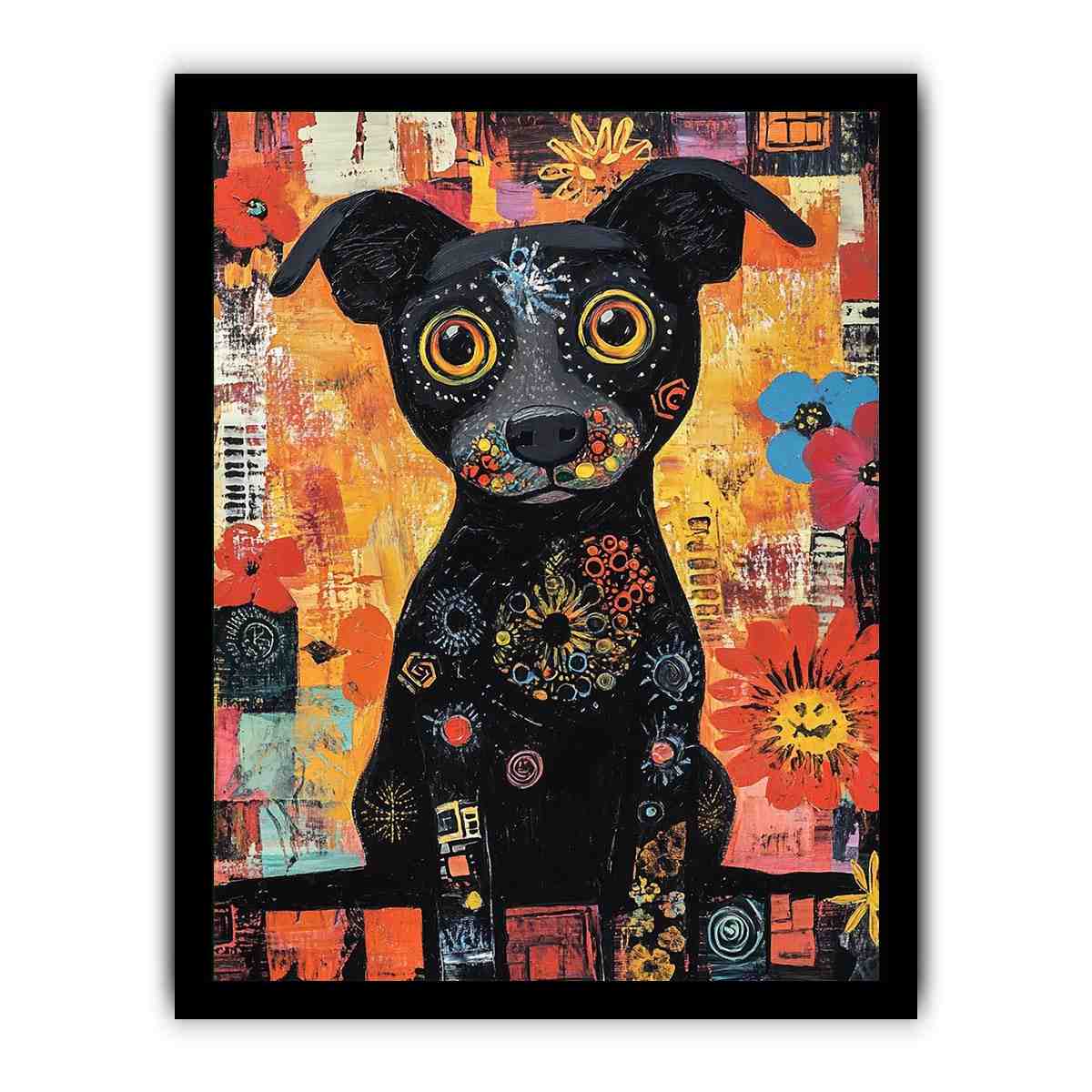 Playful black dog canvas art with colourful flowers for cheerful modern home decor.