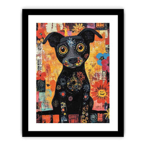 Playful black dog canvas art with colourful flowers for cheerful modern home decor.