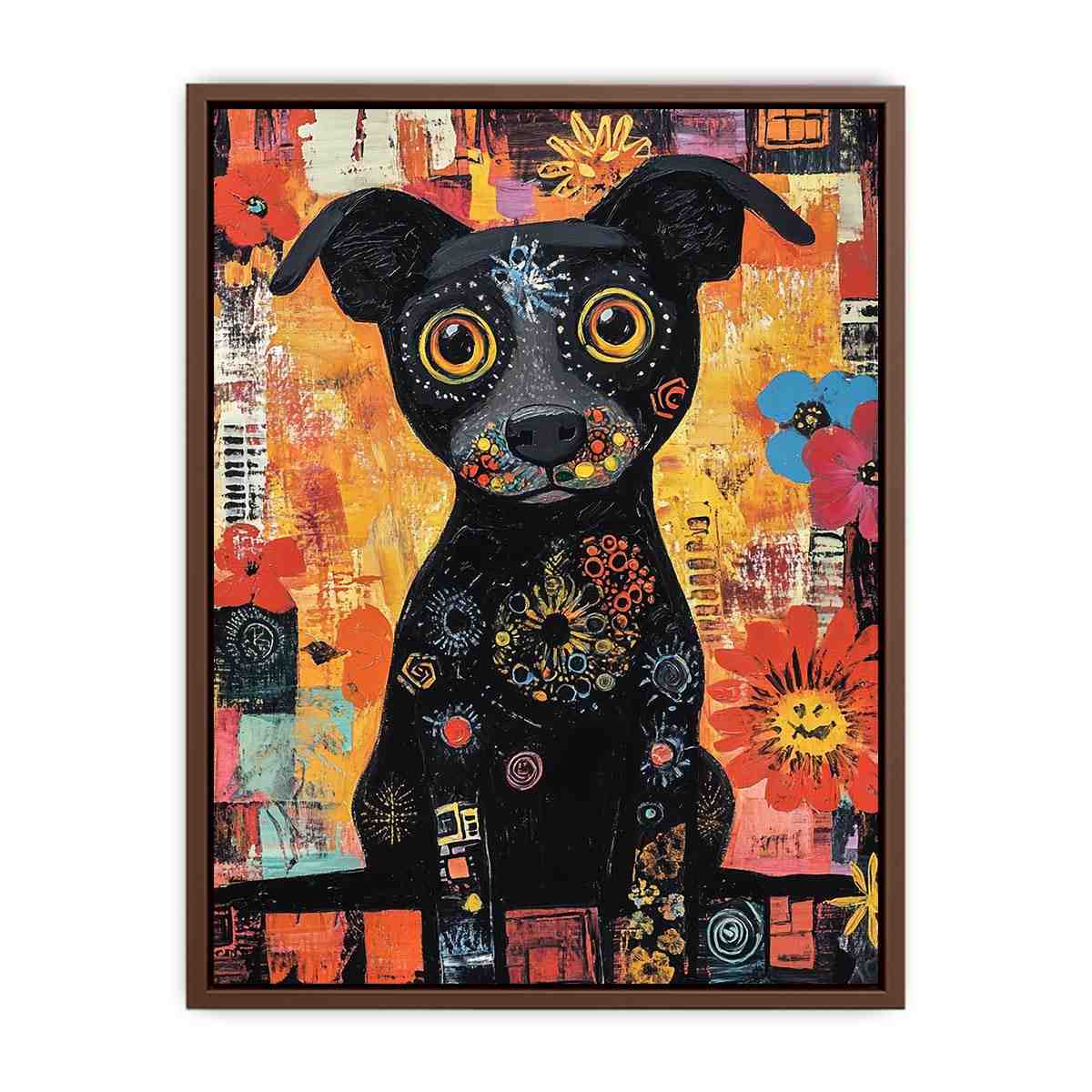 Playful black dog canvas art with colourful flowers for cheerful modern home decor.