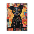 Playful black dog canvas art with colourful flowers for cheerful modern home decor.