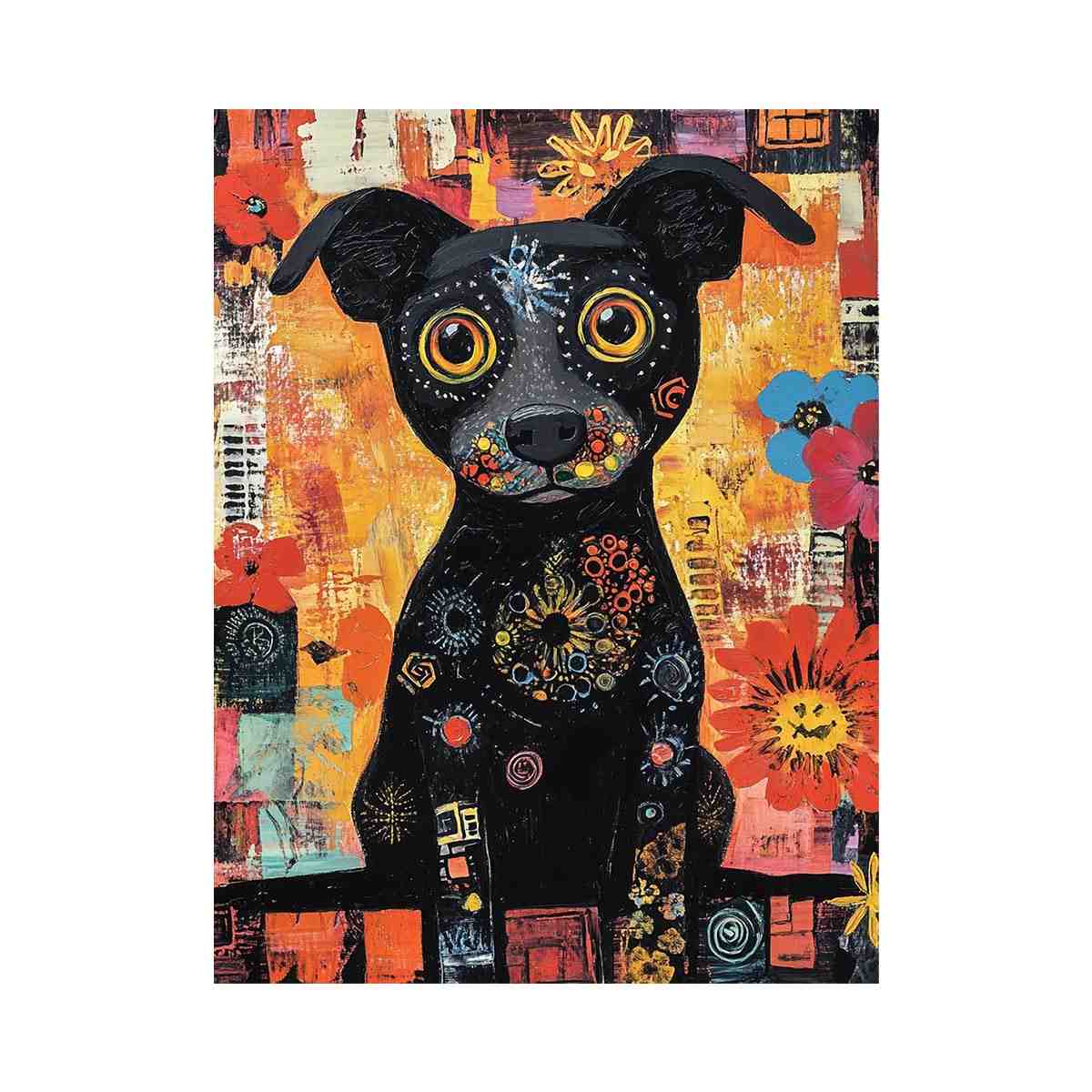 Playful black dog canvas art with colourful flowers for cheerful modern home decor.