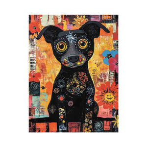Playful black dog canvas art with colourful flowers for cheerful modern home decor.