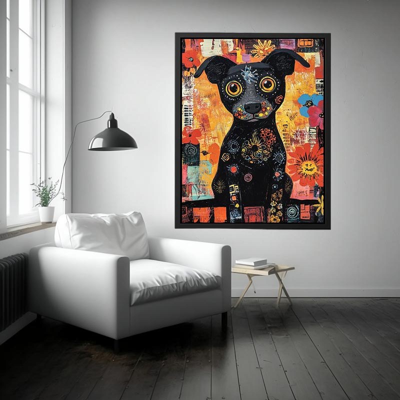 Playful black dog canvas art with colourful flowers for cheerful modern home decor.