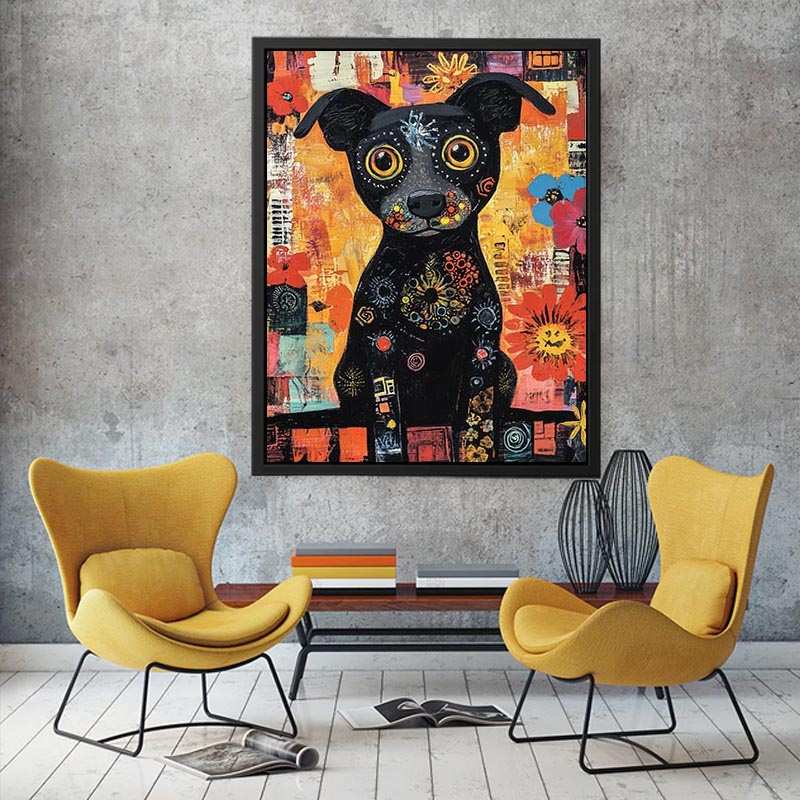 Playful black dog canvas art with colourful flowers for cheerful modern home decor.
