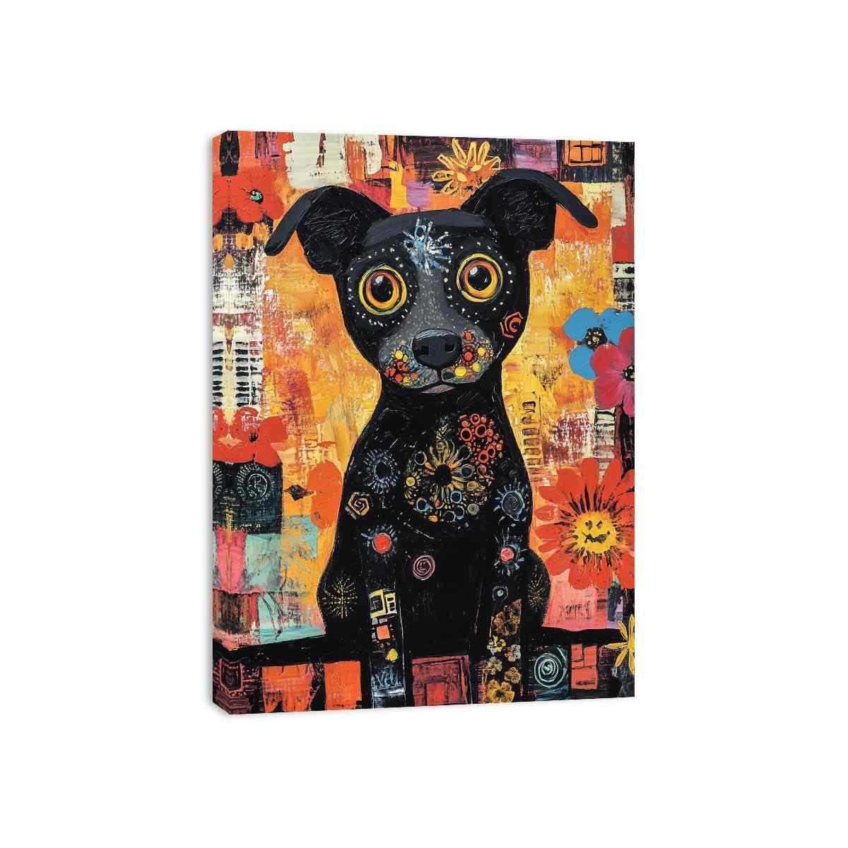 Playful black dog canvas art with colourful flowers for cheerful modern home decor.
