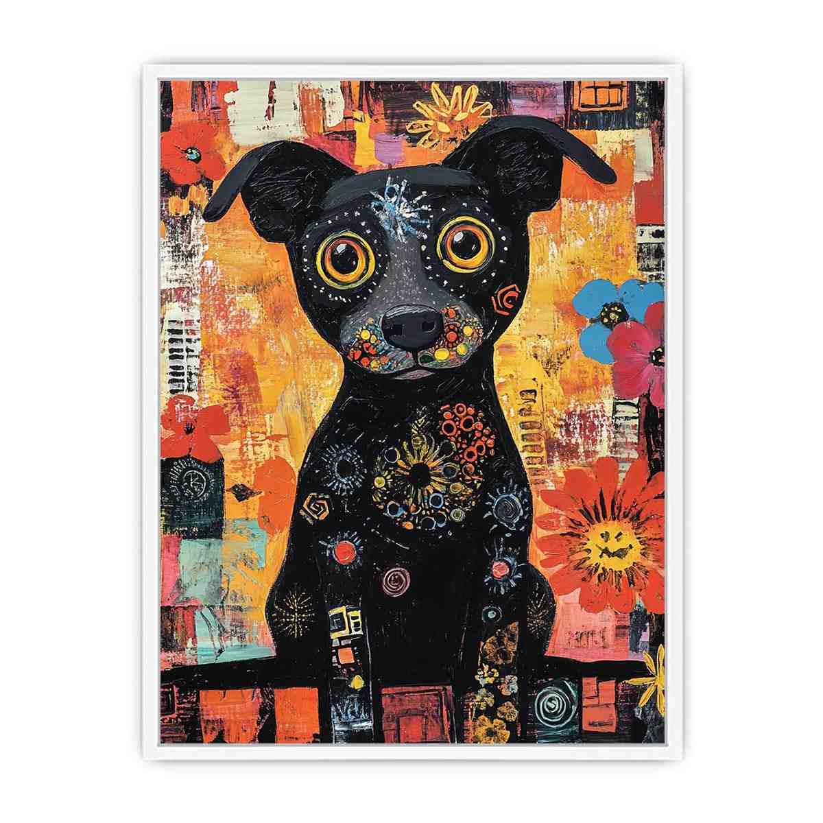 Playful black dog canvas art with colourful flowers for cheerful modern home decor.