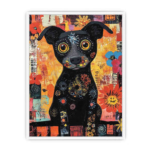 Playful black dog canvas art with colourful flowers for cheerful modern home decor.