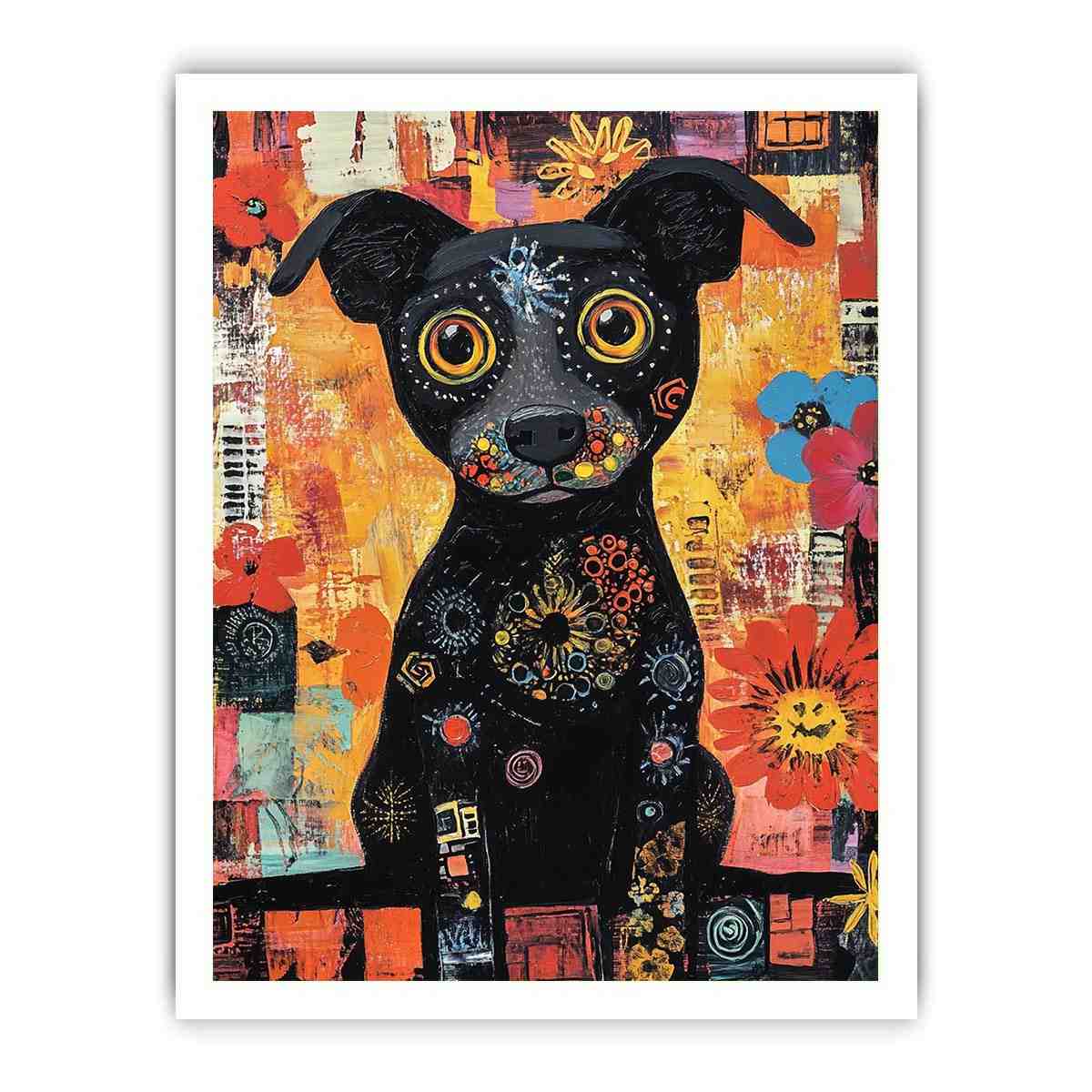 Playful black dog canvas art with colourful flowers for cheerful modern home decor.