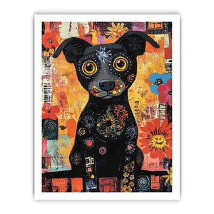 Playful black dog canvas art with colourful flowers for cheerful modern home decor.