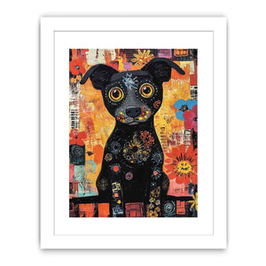 Playful black dog canvas art with colourful flowers for cheerful modern home decor.