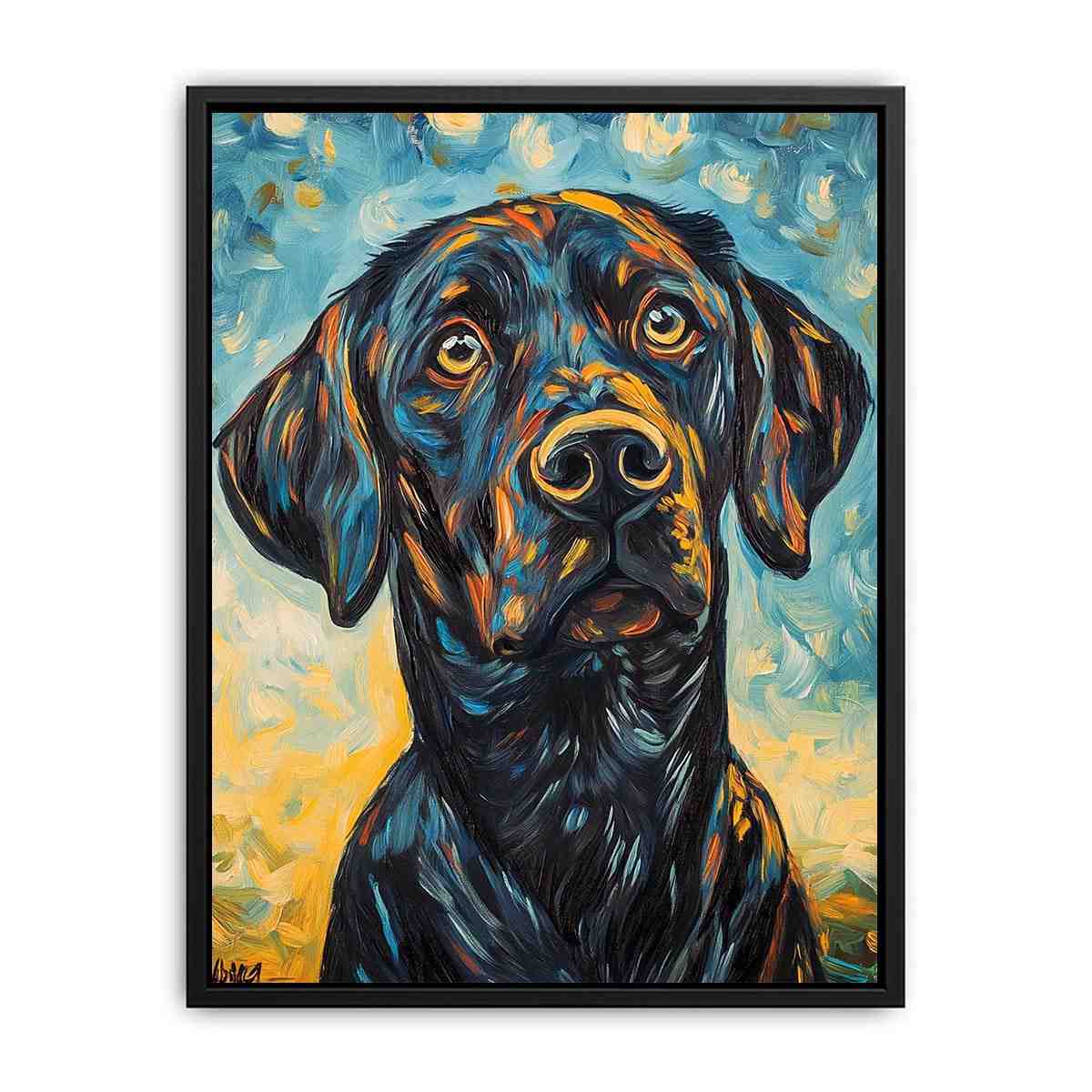 Black Labrador expressionist canvas art for modern living room decor.