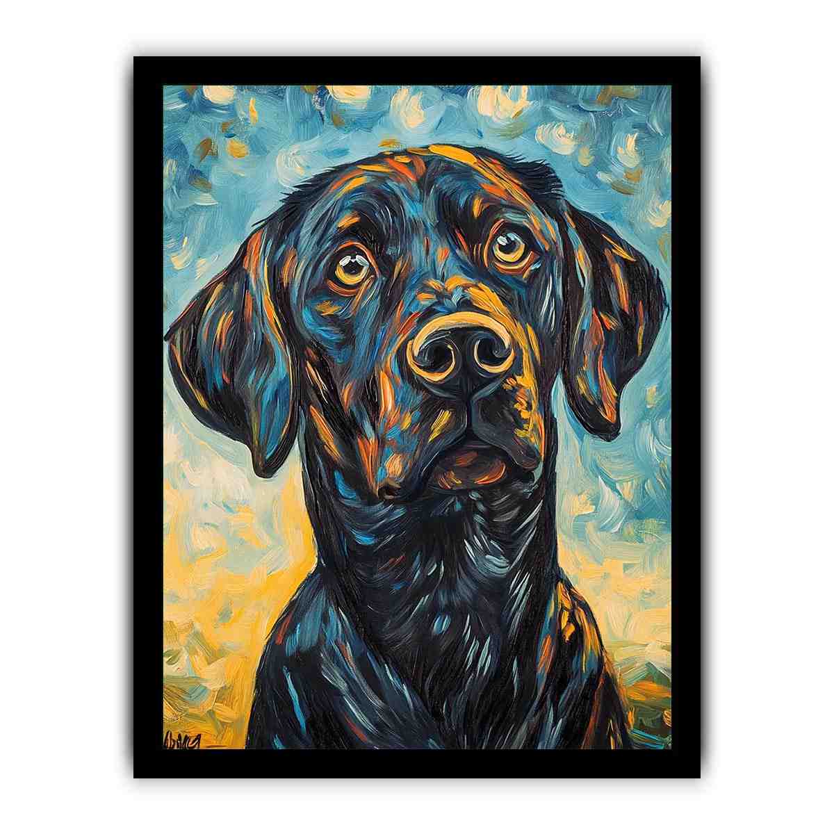 Black Labrador expressionist canvas art for modern living room decor.