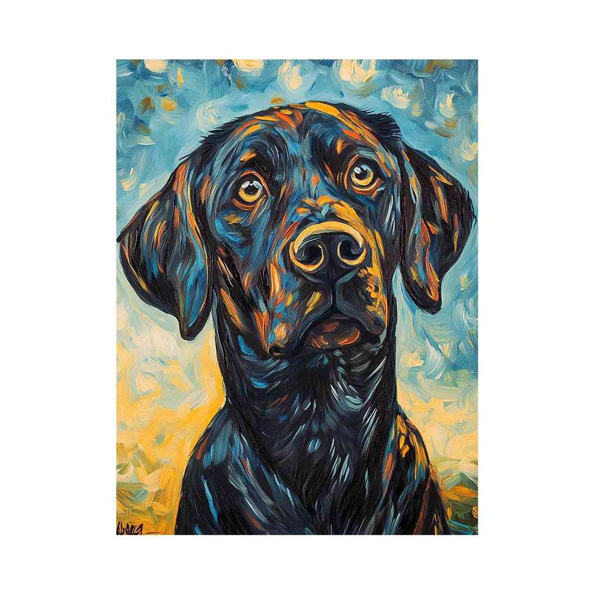 Black Labrador expressionist canvas art for modern living room decor.
