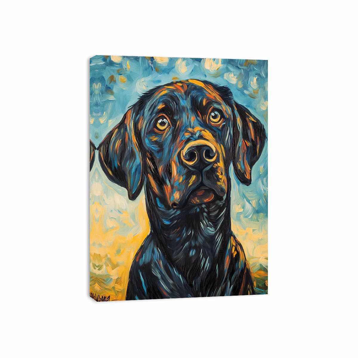 Black Labrador expressionist canvas art for modern living room decor.