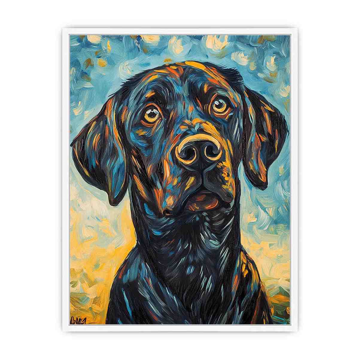 Black Labrador expressionist canvas art for modern living room decor.