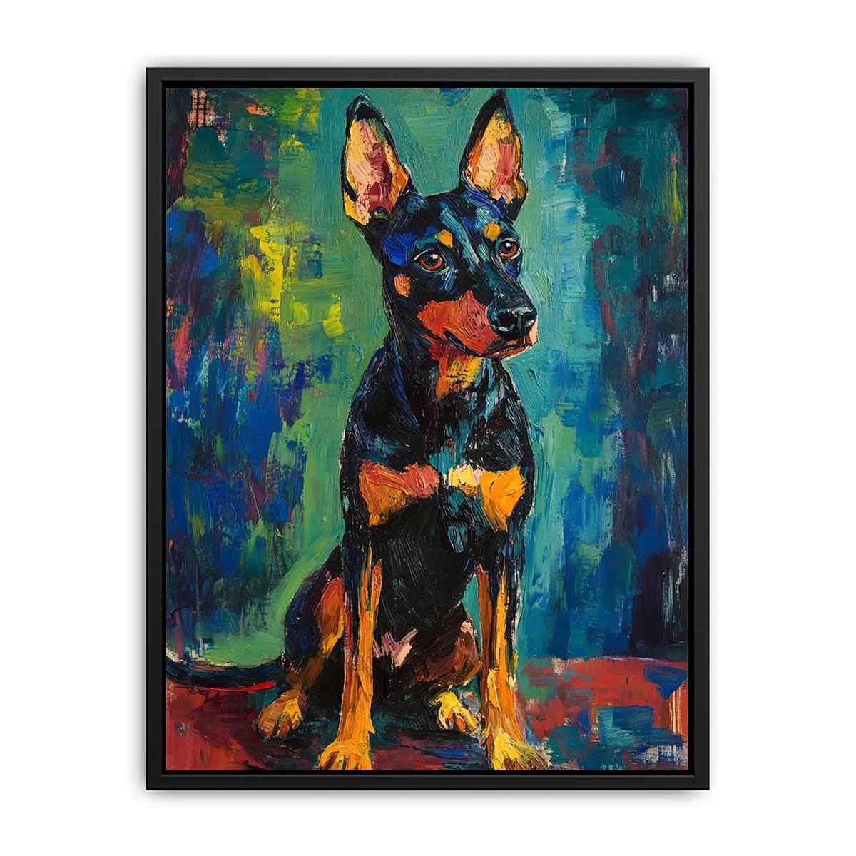 Small black dog expressionist canvas art for modern entryway decor.