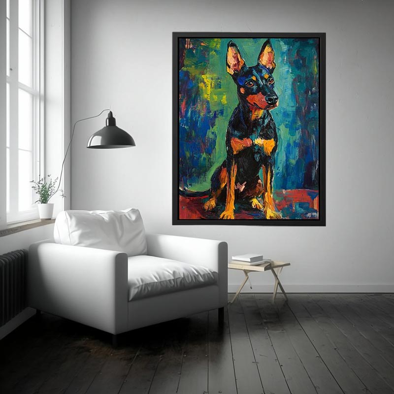 Small black dog expressionist canvas art for modern entryway decor.