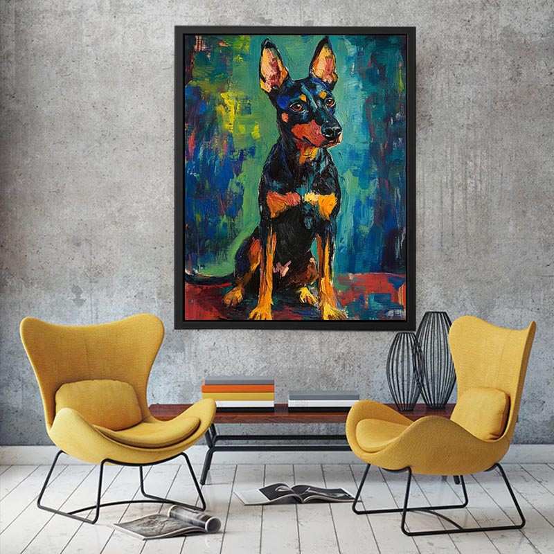 Small black dog expressionist canvas art for modern entryway decor.