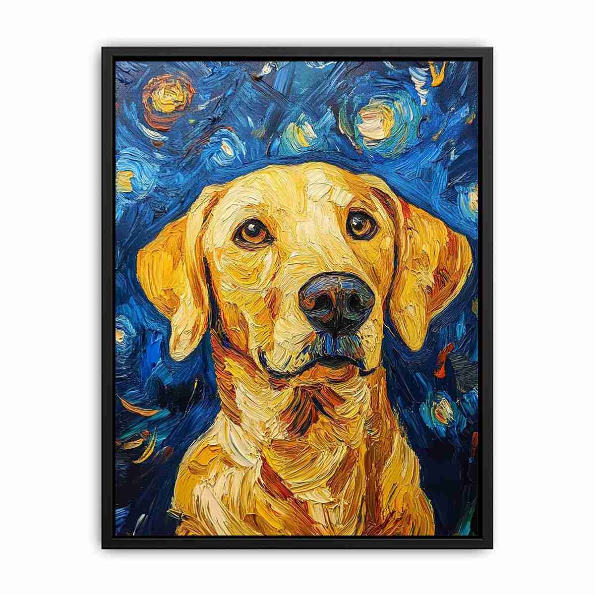 Yellow Labrador starry night canvas art for warm living room decor.