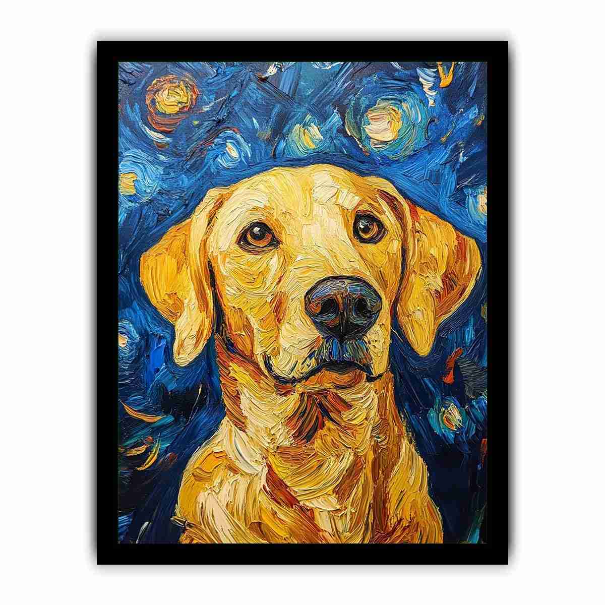 Yellow Labrador starry night canvas art for warm living room decor.