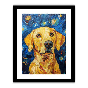 Yellow Labrador starry night canvas art for warm living room decor.