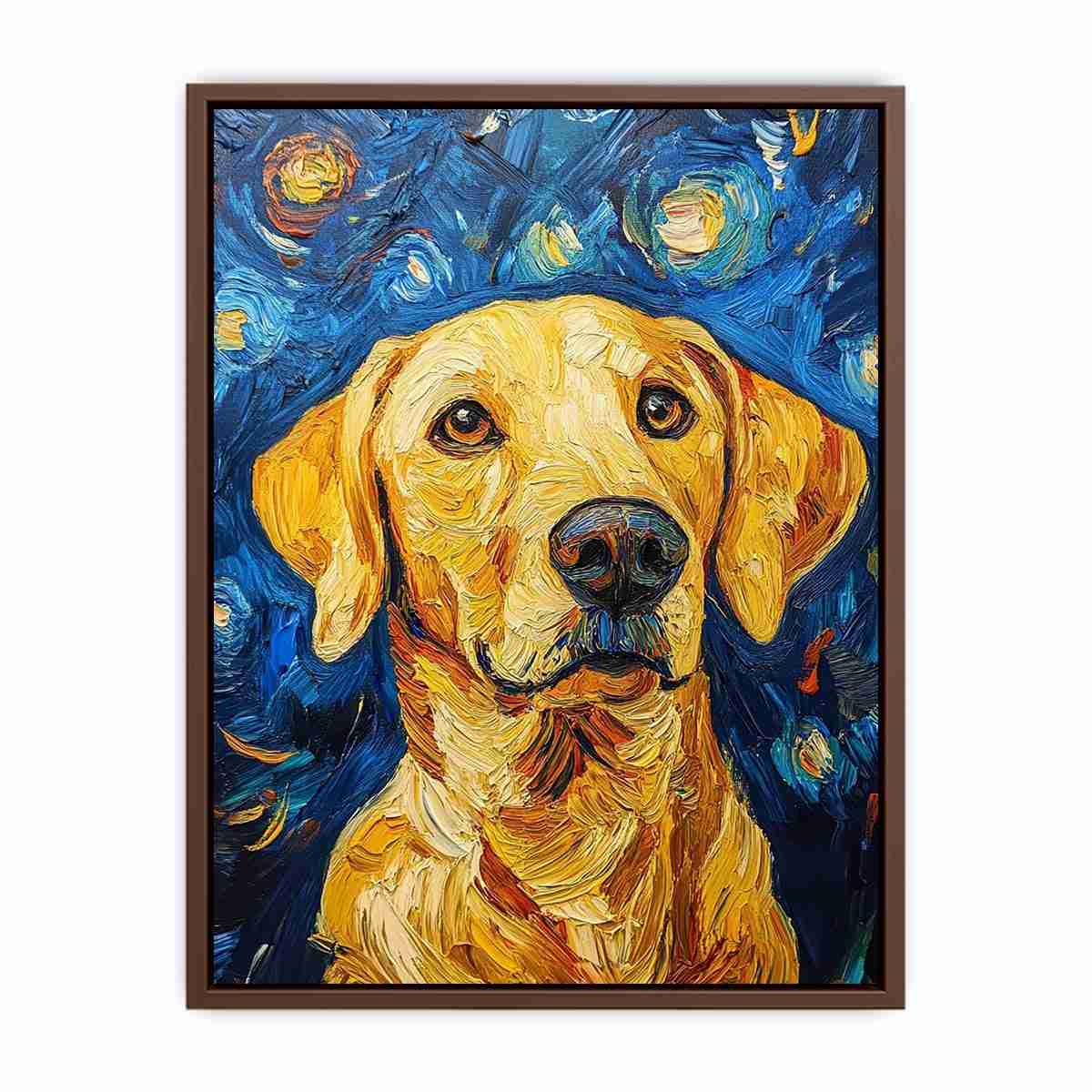 Yellow Labrador starry night canvas art for warm living room decor.