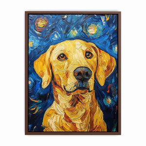Yellow Labrador starry night canvas art for warm living room decor.