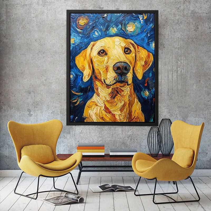 Yellow Labrador starry night canvas art for warm living room decor.