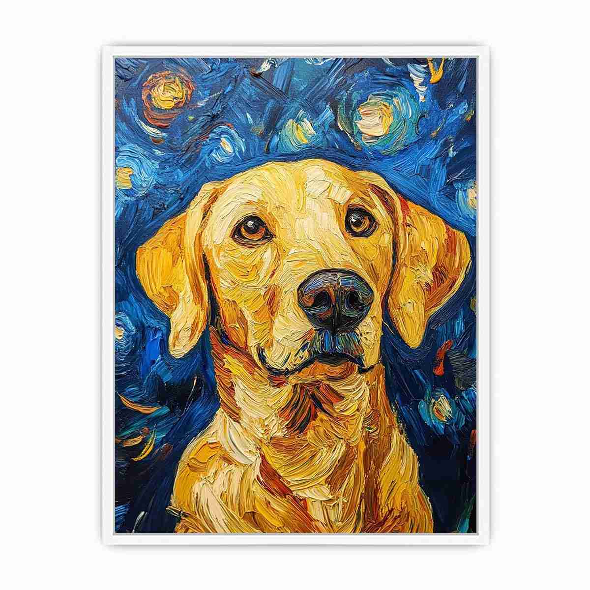 Yellow Labrador starry night canvas art for warm living room decor.
