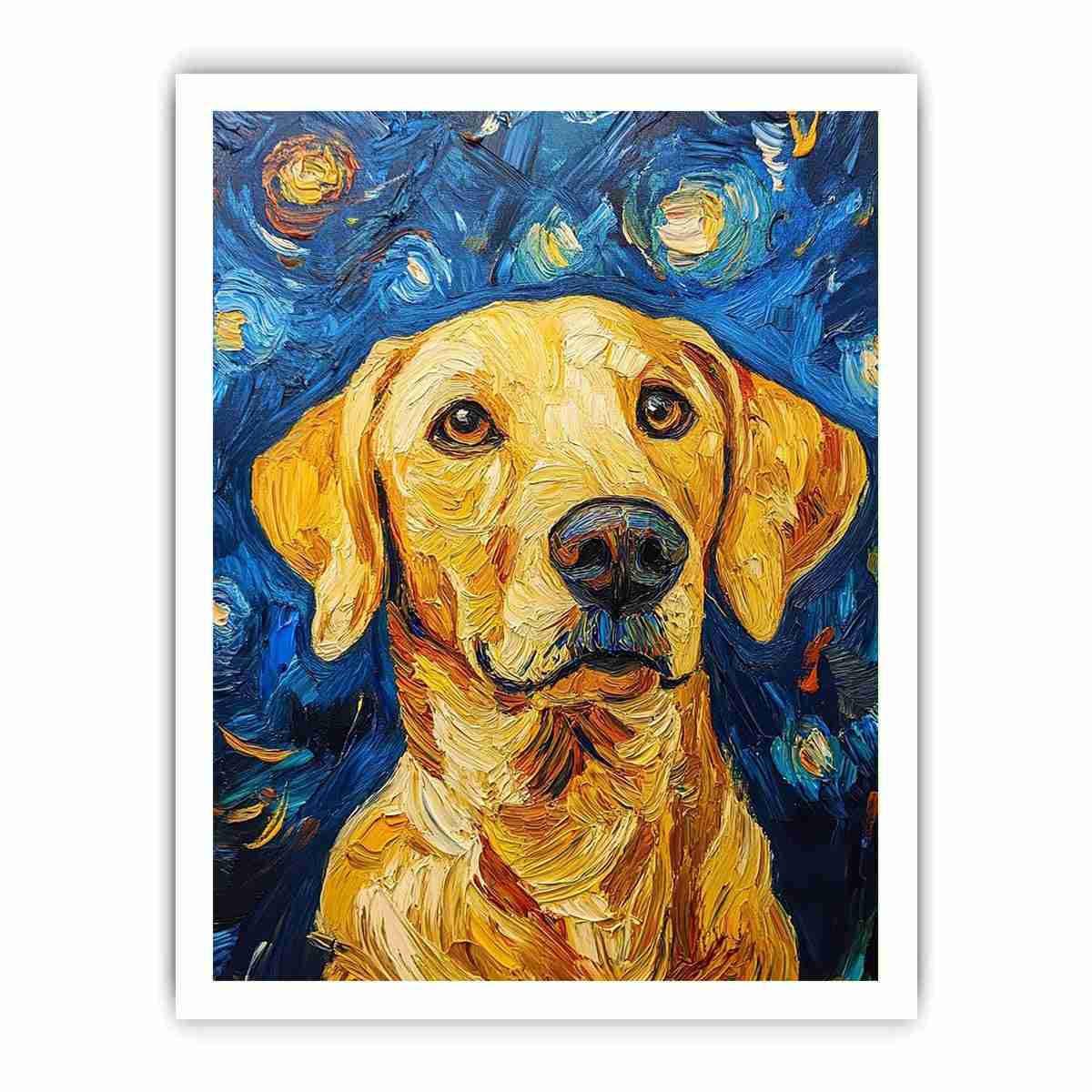 Yellow Labrador starry night canvas art for warm living room decor.