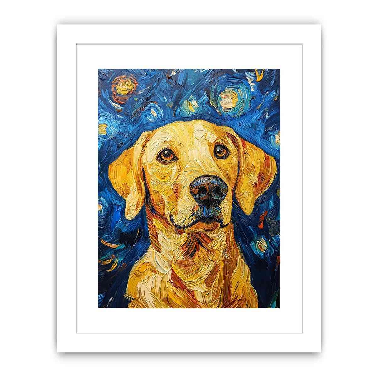 Yellow Labrador starry night canvas art for warm living room decor.