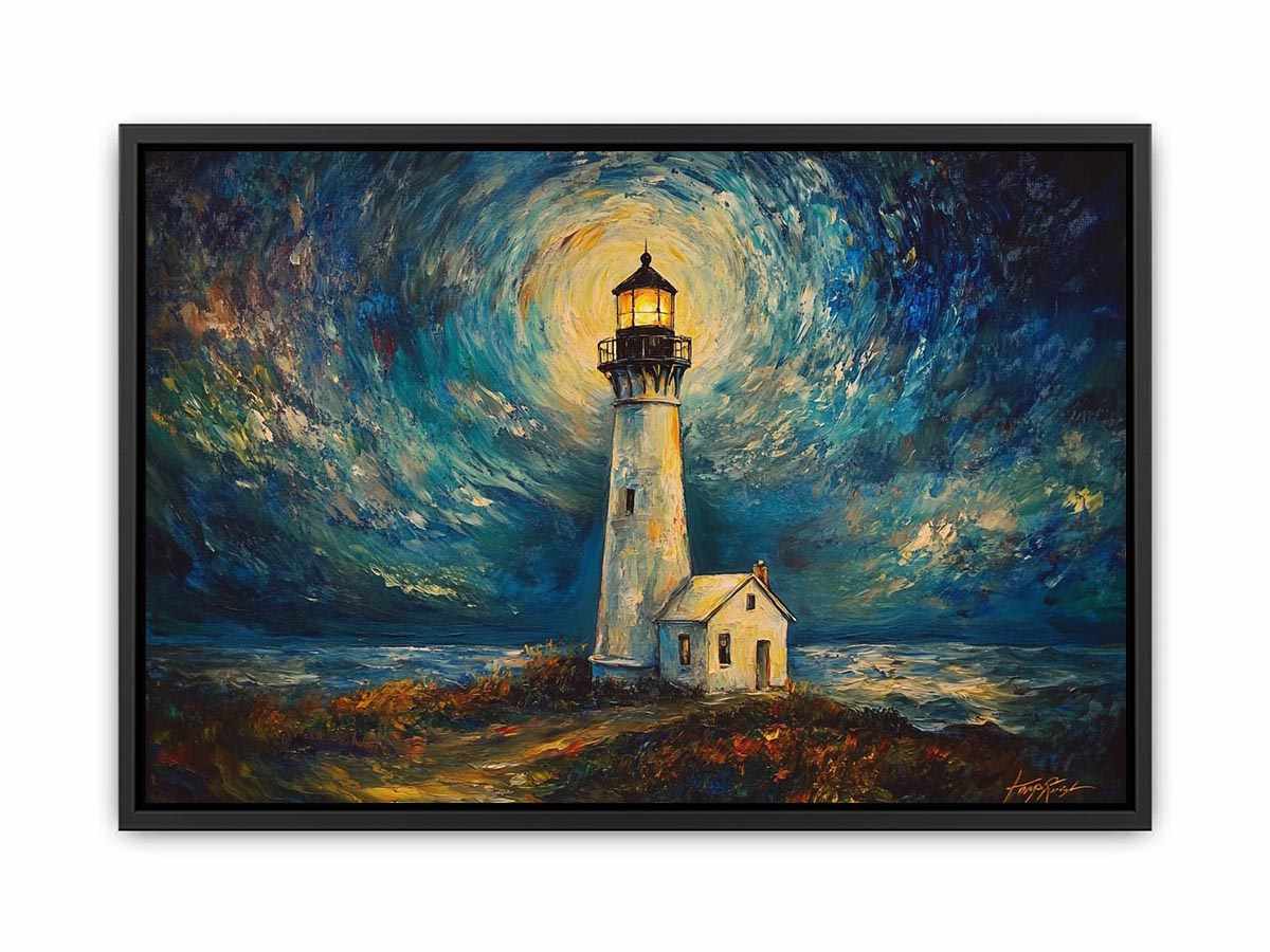 Coastal lighthouse canvas art with moonlit sky and ocean waves for elegant living room decor.