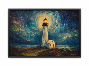 Coastal lighthouse canvas art with moonlit sky and ocean waves for elegant living room decor.