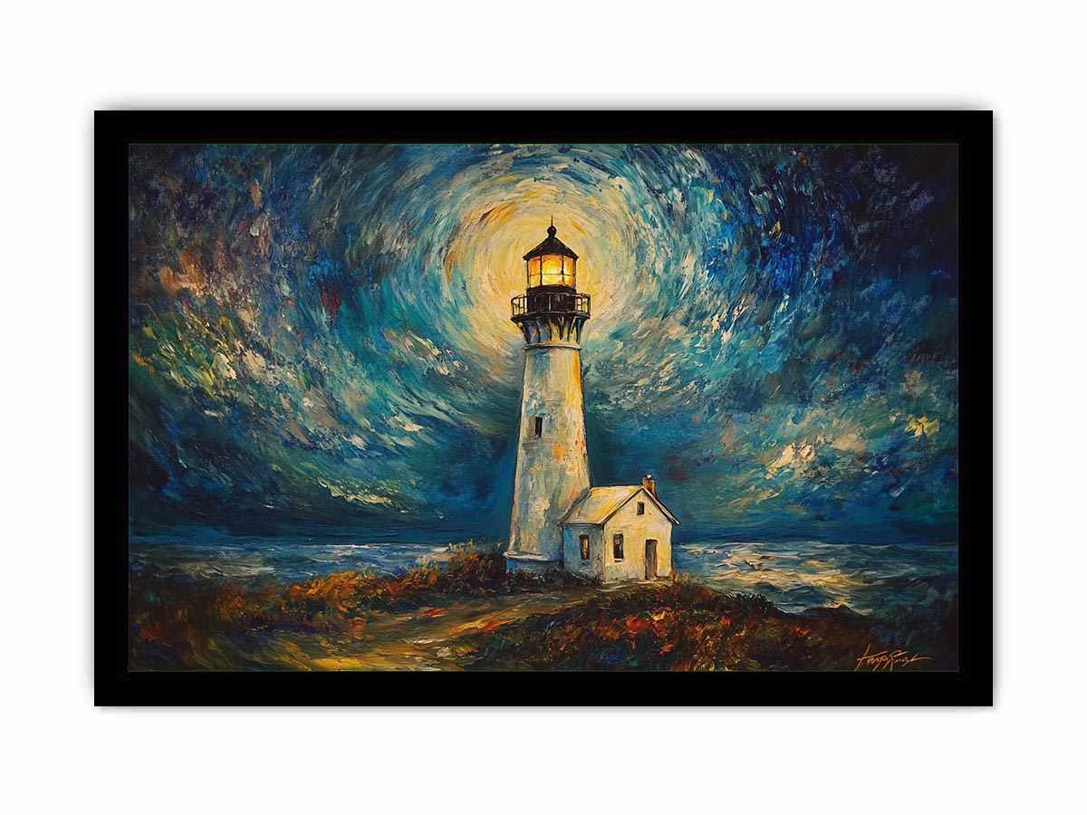 Coastal lighthouse canvas art with moonlit sky and ocean waves for elegant living room decor.
