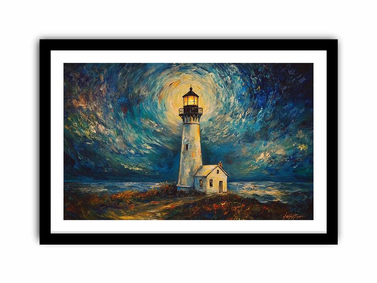 Coastal lighthouse canvas art with moonlit sky and ocean waves for elegant living room decor.