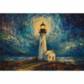 Coastal lighthouse canvas art with moonlit sky and ocean waves for elegant living room decor.