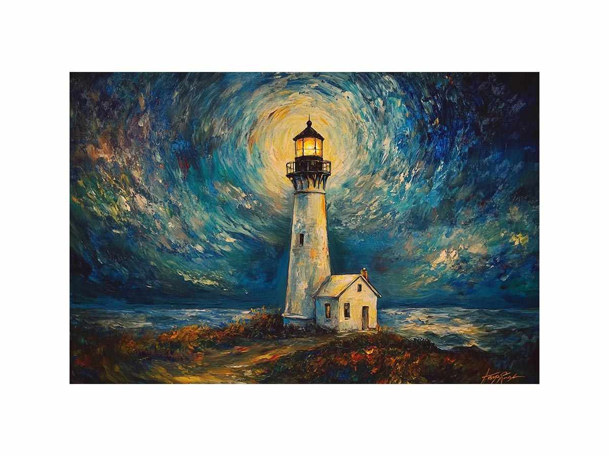 Coastal lighthouse canvas art with moonlit sky and ocean waves for elegant living room decor.