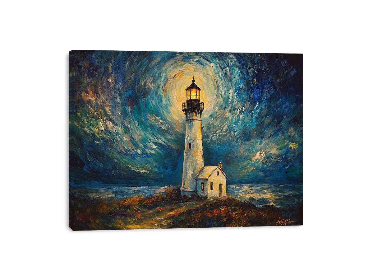 Coastal lighthouse canvas art with moonlit sky and ocean waves for elegant living room decor.