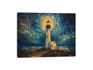 Coastal lighthouse canvas art with moonlit sky and ocean waves for elegant living room decor.