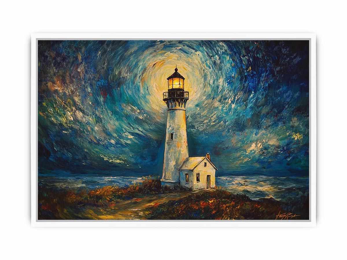 Coastal lighthouse canvas art with moonlit sky and ocean waves for elegant living room decor.