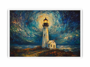 Coastal lighthouse canvas art with moonlit sky and ocean waves for elegant living room decor.