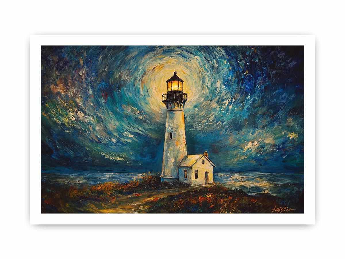 Coastal lighthouse canvas art with moonlit sky and ocean waves for elegant living room decor.