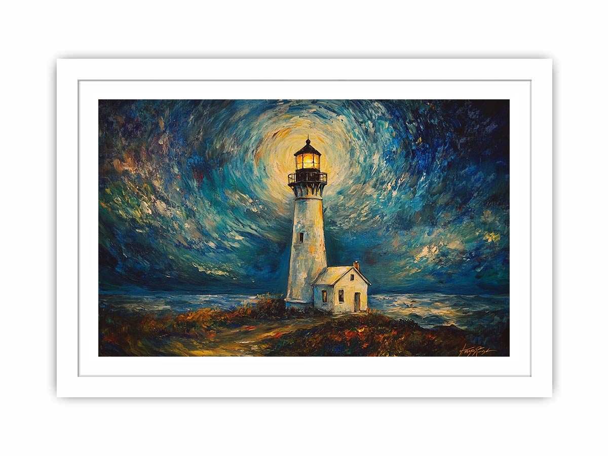 Coastal lighthouse canvas art with moonlit sky and ocean waves for elegant living room decor.