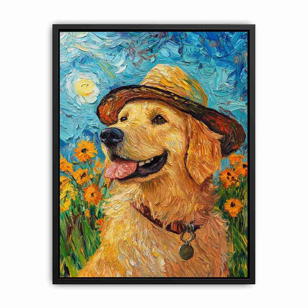 Golden retriever with straw hat canvas art for cheerful living room decor.