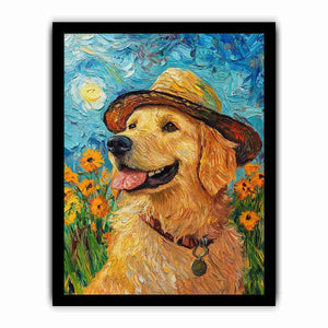 Golden retriever with straw hat canvas art for cheerful living room decor.