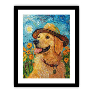 Golden retriever with straw hat canvas art for cheerful living room decor.