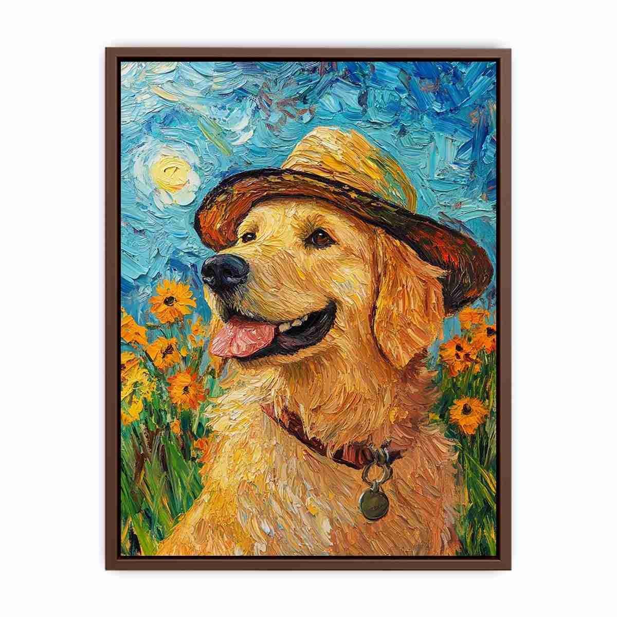 Golden retriever with straw hat canvas art for cheerful living room decor.