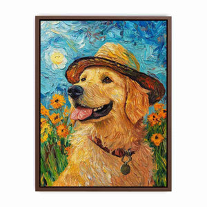 Golden retriever with straw hat canvas art for cheerful living room decor.